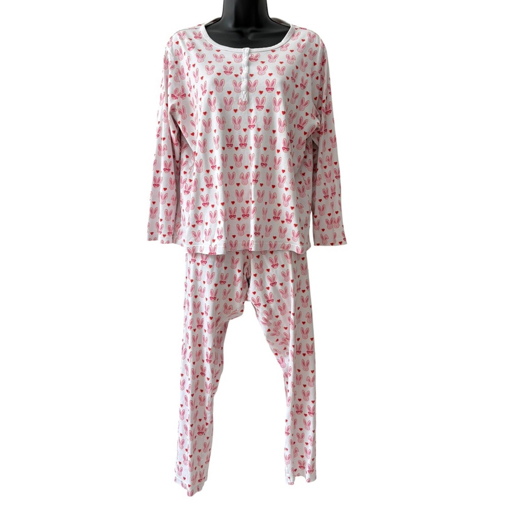 Roller Rabbit Lovestruck Bunny Heart Cotton Pajama Set XL Henley Top Pants - Picture 3 of 8